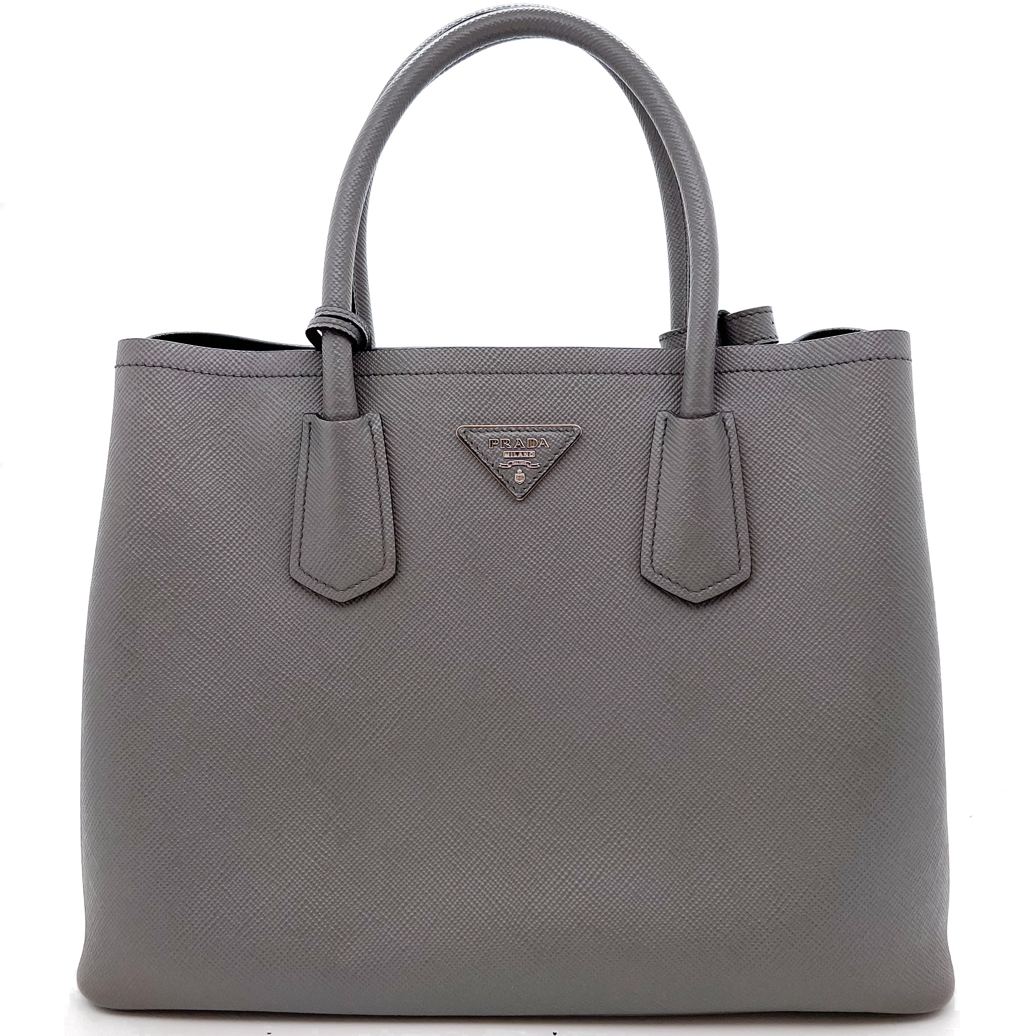 PRADA MEDIUM SAFFIANO LEATHER DOUBLE BAG GREY Bagaholic Co